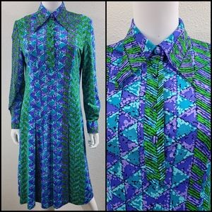 Vintage 1970's blue, green and purple abstract print dress by Falconetto…